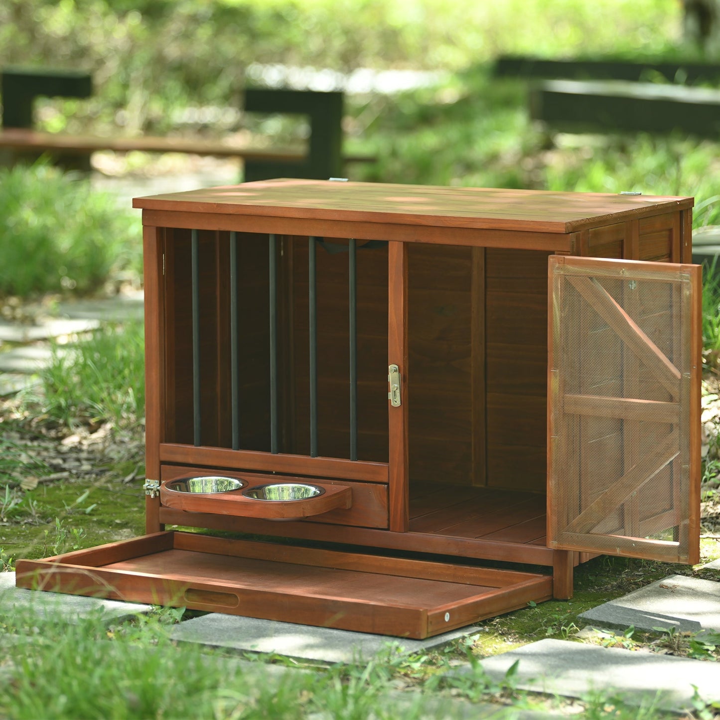 33' Solid Wood Dog Crate Furniture, Foldable Indoor Kennel with 360°