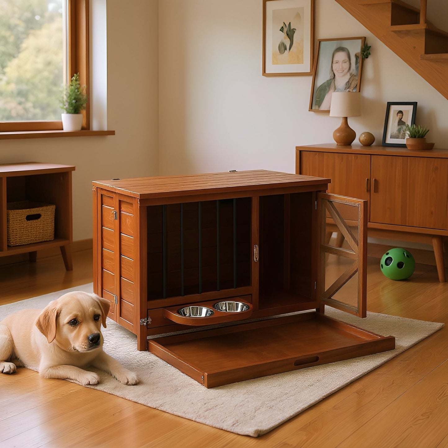 33' Solid Wood Dog Crate Furniture, Foldable Indoor Kennel with 360°