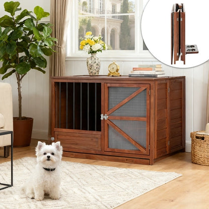 33' Solid Wood Dog Crate Furniture, Foldable Indoor Kennel with 360°
