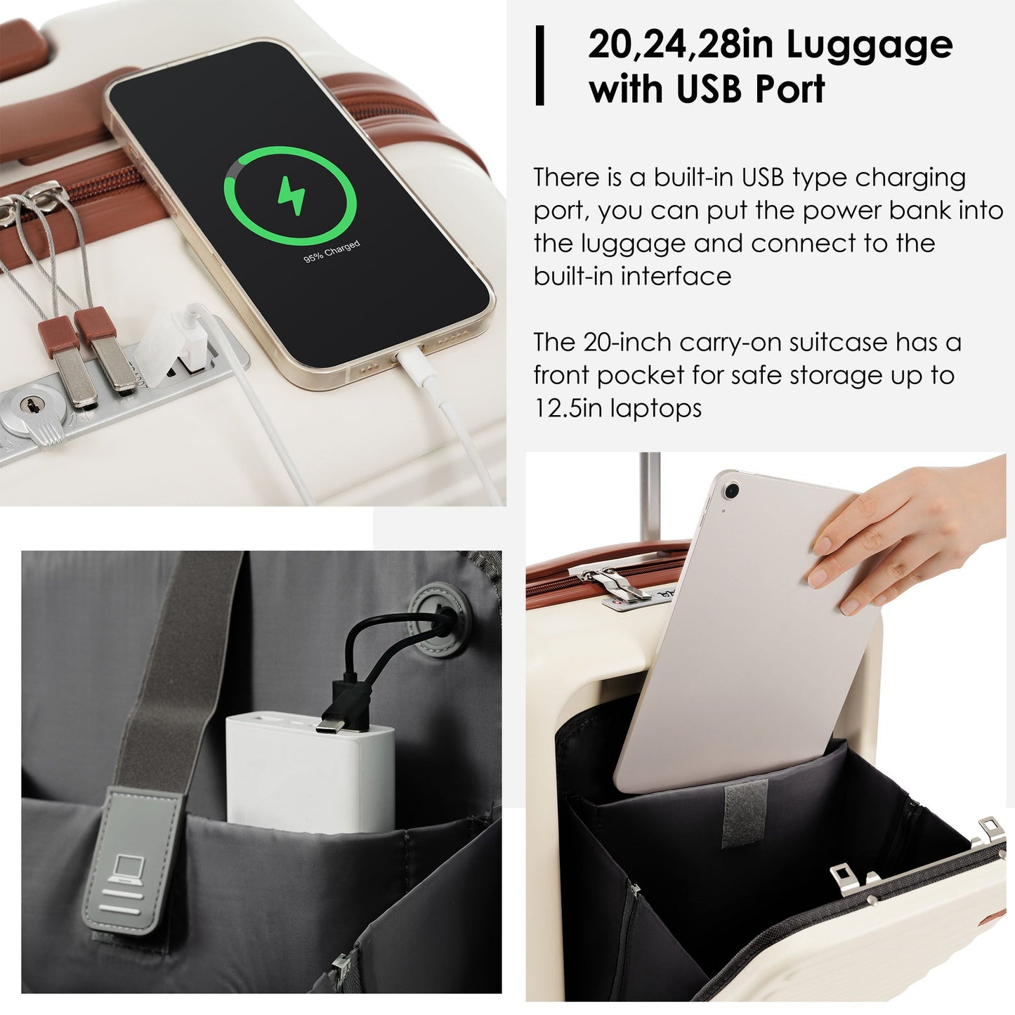 4-Piece Luggage Set with USB Charging Ports - 20in Carry-On