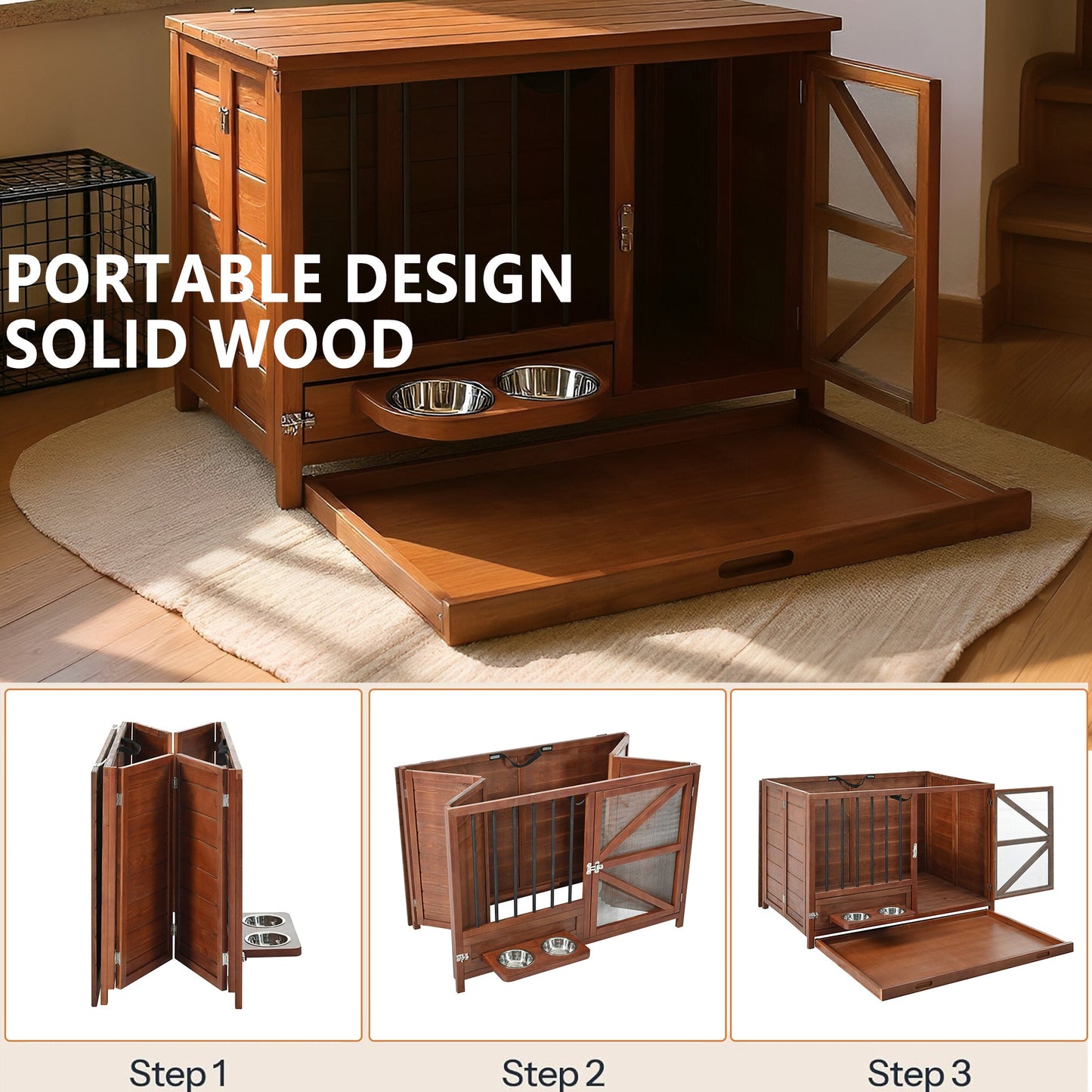33' Solid Wood Dog Crate Furniture, Foldable Indoor Kennel with 360°