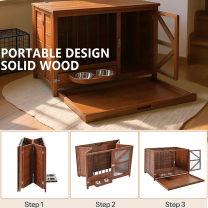 33' Solid Wood Dog Crate Furniture, Foldable Indoor Kennel with 360°