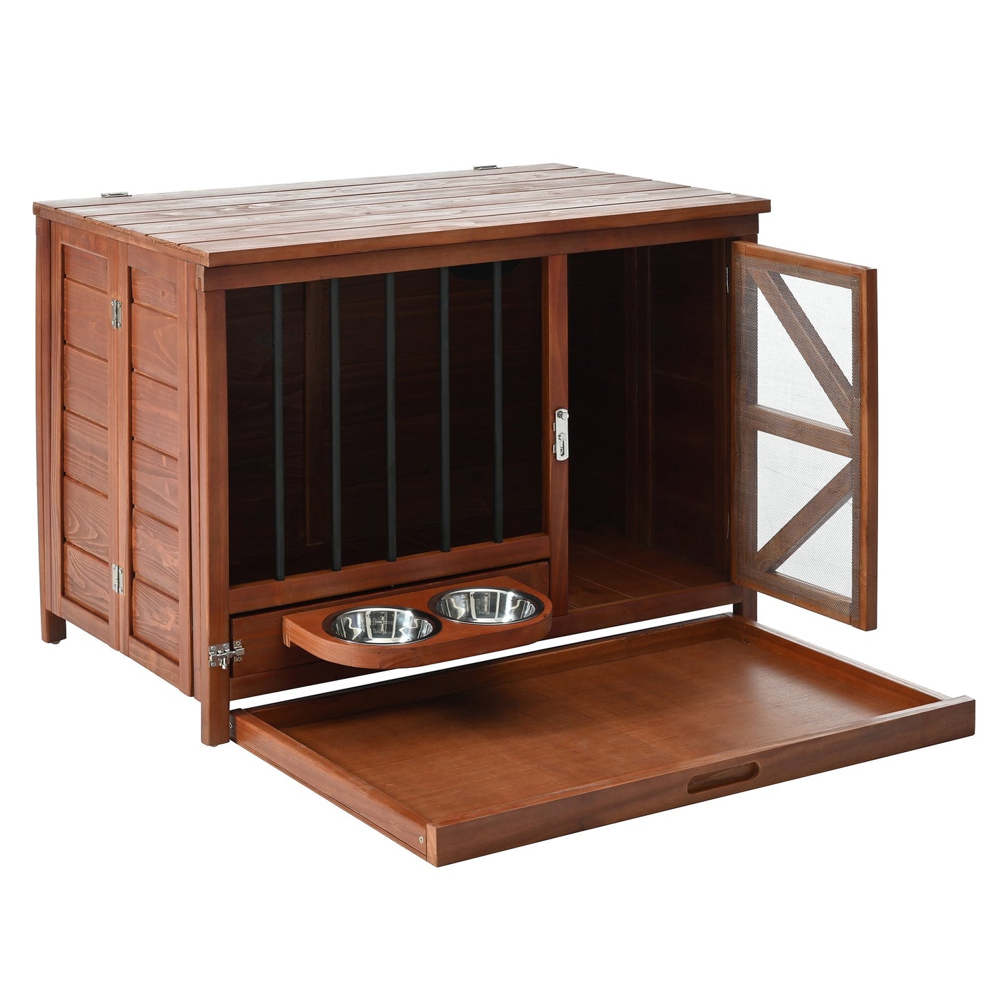 33' Solid Wood Dog Crate Furniture, Foldable Indoor Kennel with 360°
