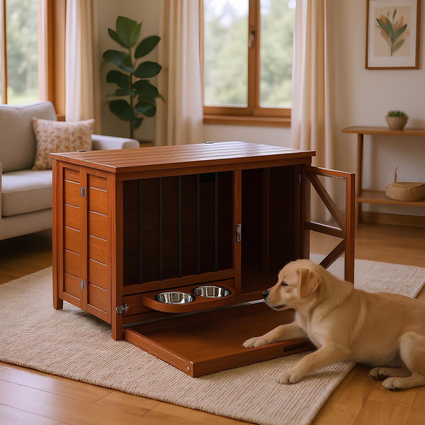 33' Solid Wood Dog Crate Furniture, Foldable Indoor Kennel with 360°