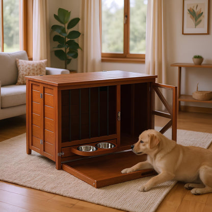 33' Solid Wood Dog Crate Furniture, Foldable Indoor Kennel with 360°