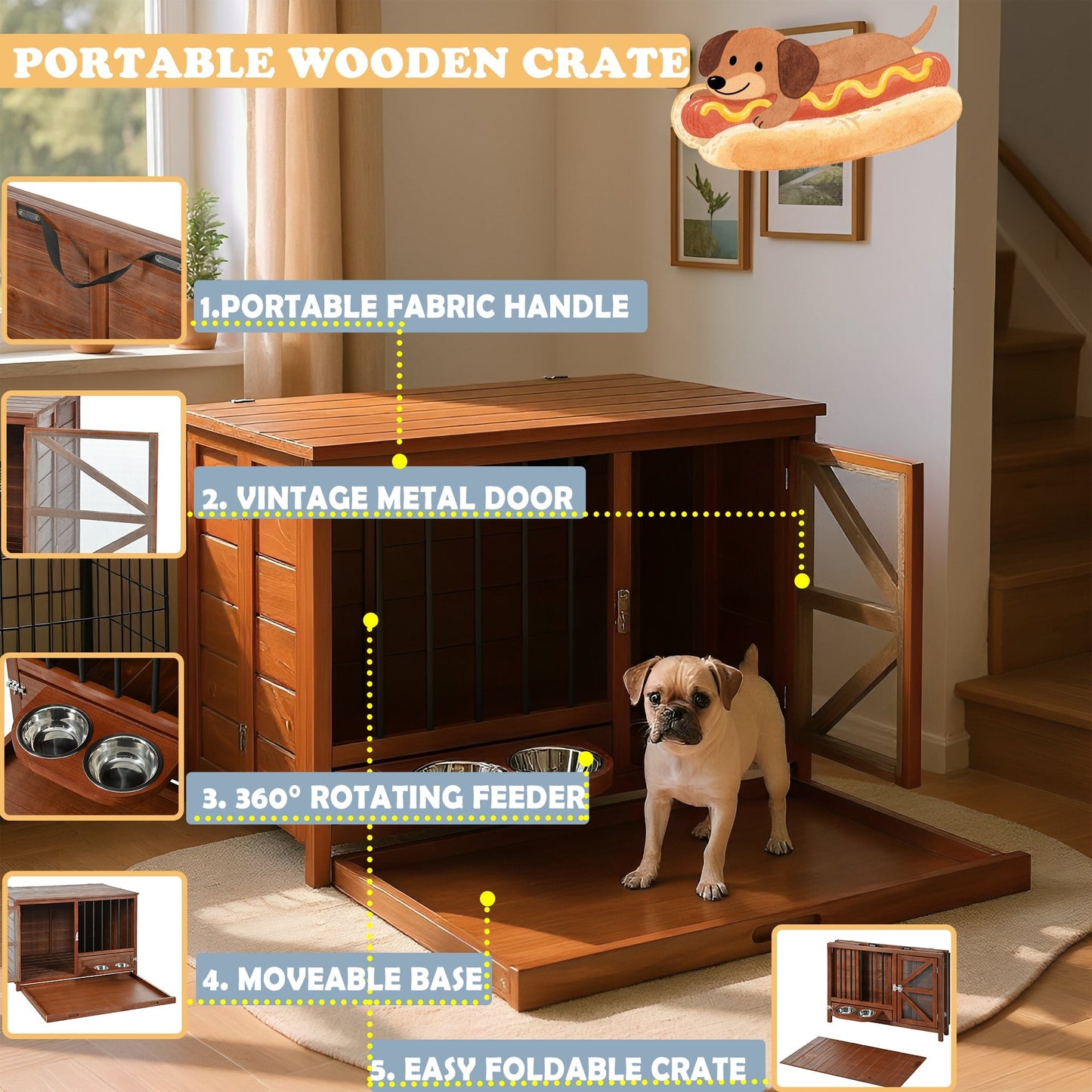 33' Solid Wood Dog Crate Furniture, Foldable Indoor Kennel with 360°