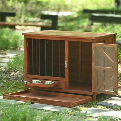 33' Solid Wood Dog Crate Furniture, Foldable Indoor Kennel with 360°