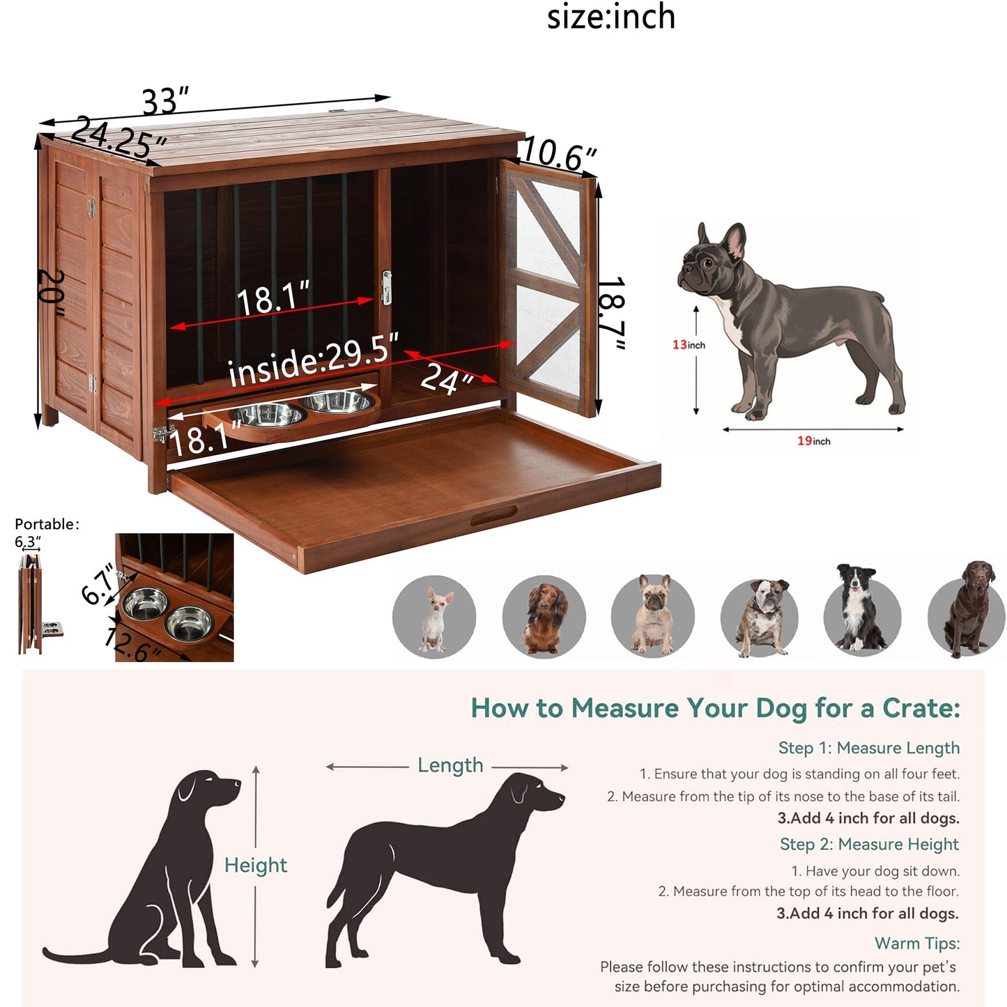 33' Solid Wood Dog Crate Furniture, Foldable Indoor Kennel with 360°