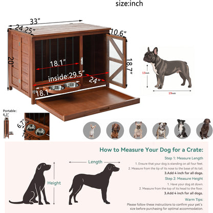 33' Solid Wood Dog Crate Furniture, Foldable Indoor Kennel with 360°